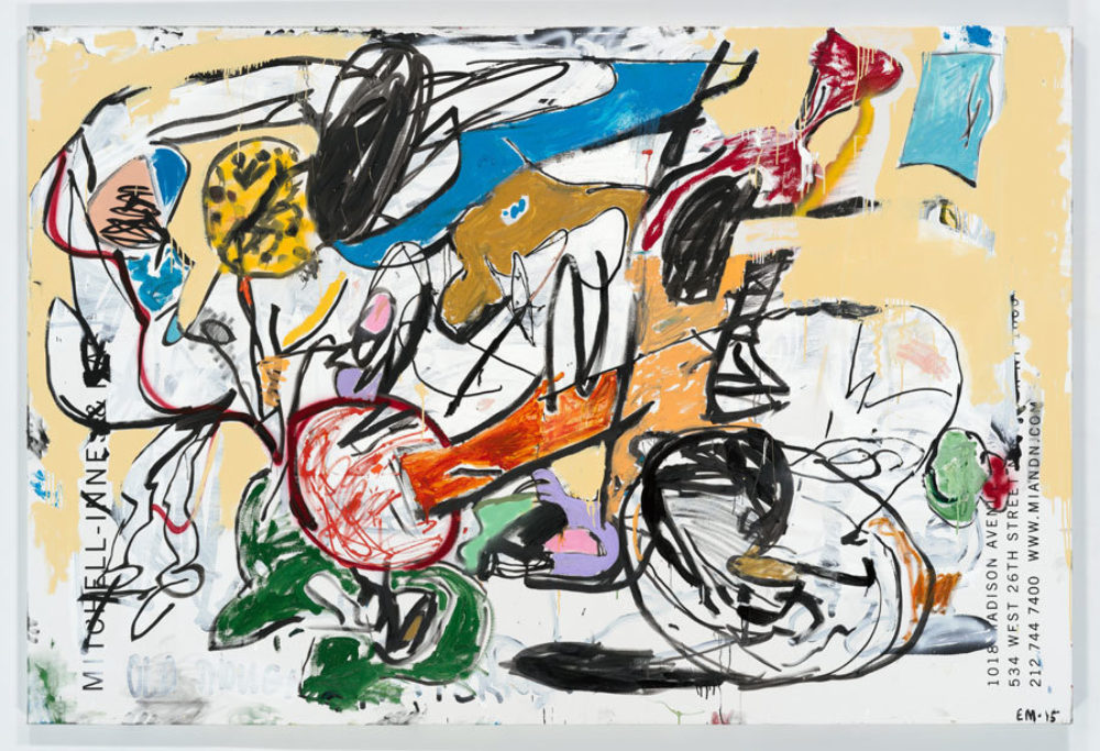 Eddie Martinez, Sound Bath, 2015. Oil, acrylic, silkscreen ink, and enamel on canvas, 72 × 108 inches. Collection of Ellyn &amp; Saul Dennison