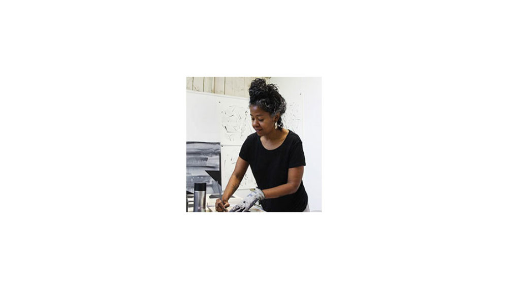 Torkwase Dyson working in her faculty studio at Skowhegan School of Painting and Sculpture, Maine, 2017.