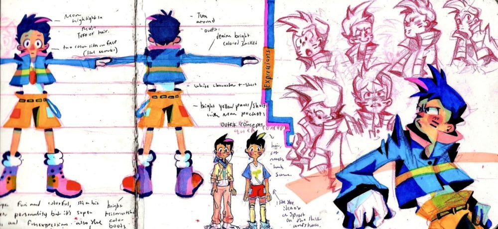 From the personal high school sketchbook of artist Adriana Gonzalez, Character Design spread page 2.﻿ IG: @lemon_girl_here