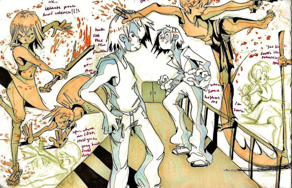 From the personal high school sketchbook of artist Adriana Gonzalez, Action poses spread page 1, ﻿IG: @lemon_girl_here