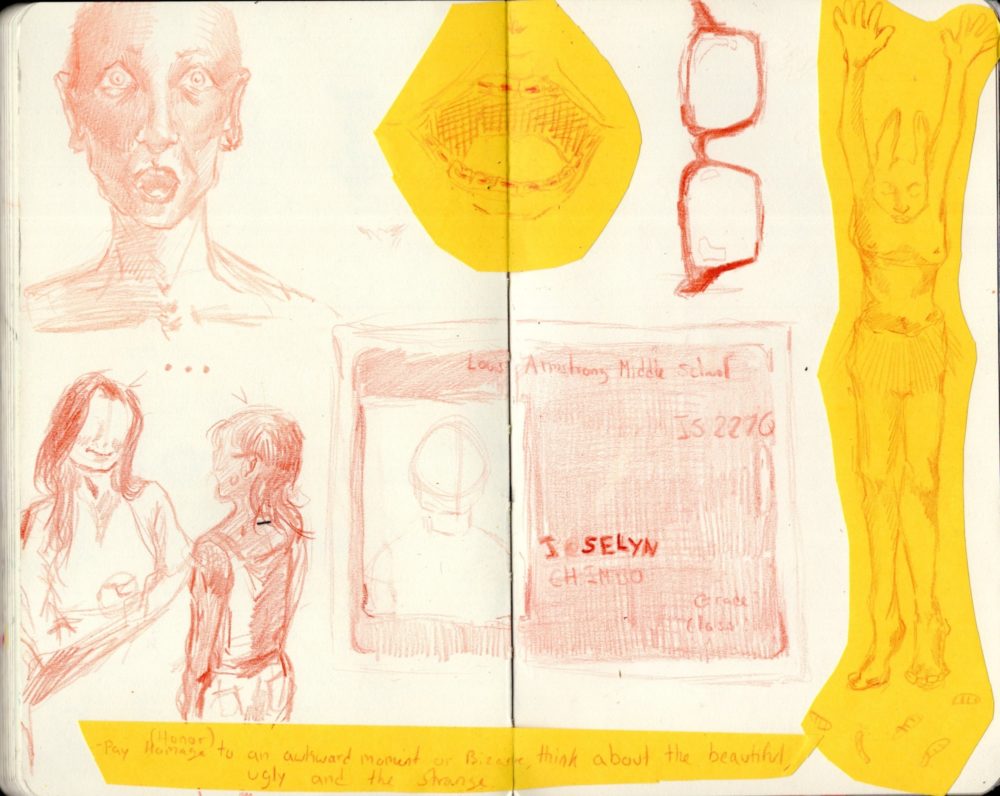 From the 9th grade sketchbook of artist Joselyn Chimbo. ﻿Exercise: pay homage to an awkward or bizarre moment, think of the beautiful, ﻿the ugly, the strange. ﻿IG: @accjoselyn