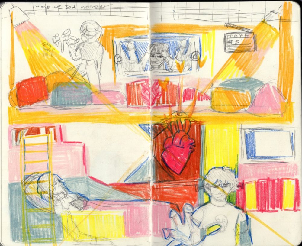From the 9th grade sketchbook of artist Kyla Guimaraes, ﻿Movie set Monster. ﻿Exercise inspired by Walter Price’s hard pressure color blocking techniques. ﻿IG @chrysanthemumart_