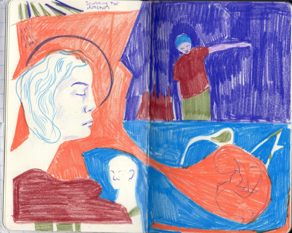 From the 11th grade sketchbook of artist Lucia Tsurumaki, ﻿Searching for Direction. ﻿Exercise inspired by Walter Price’s hard pressure color blocking techniques. ﻿IG: @chrysanthemumart_