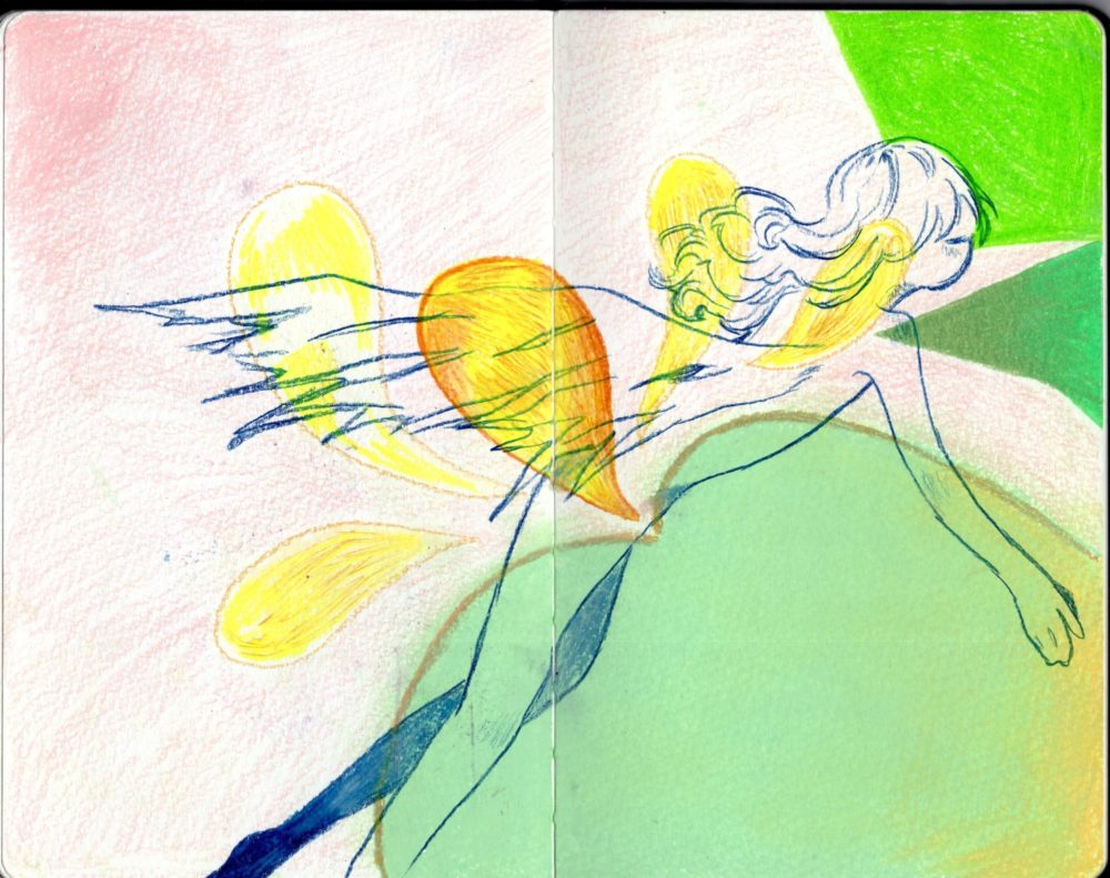 From the 11th grade sketchbook of Maya Cubarle, Exercise inspired by Walter Price’s hard pressure color blocking techniques