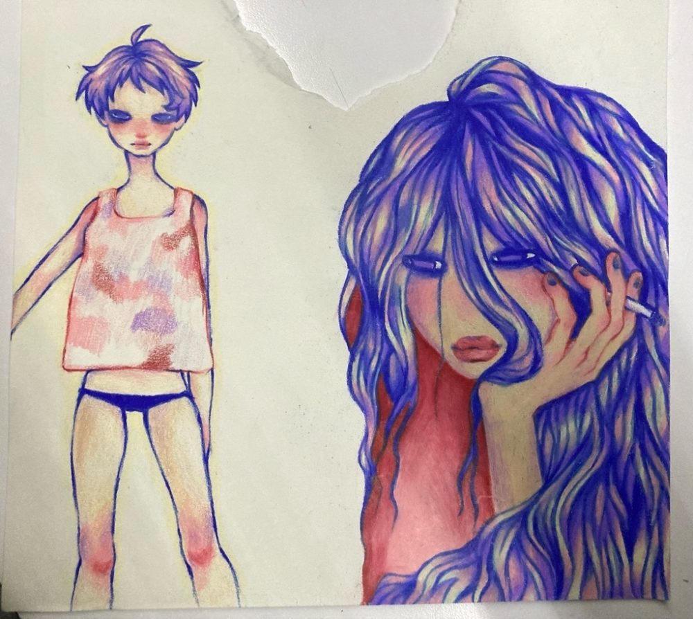 From the personal high school sketchbook of artist Vera Hanjani, Prismacolor studies