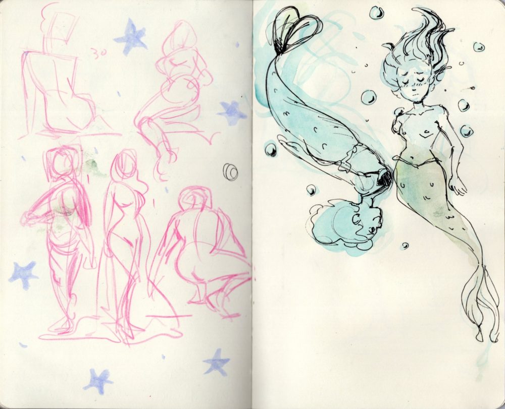 From the personal high school sketchbook of artist Audrey Ramer, Pose practice spread. ﻿ IG: @tin.snail