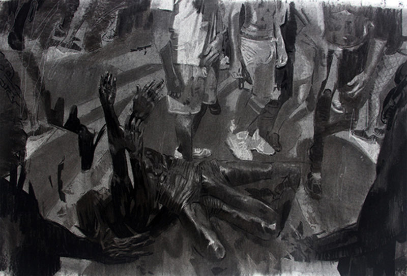 Cosmo Whyte, As of Not, Untitled, 2018. Charcoal, black glitter and gold leaf on paper, 72 × 43 inches. Courtesy of the artist and Marcia Wood Gallery.