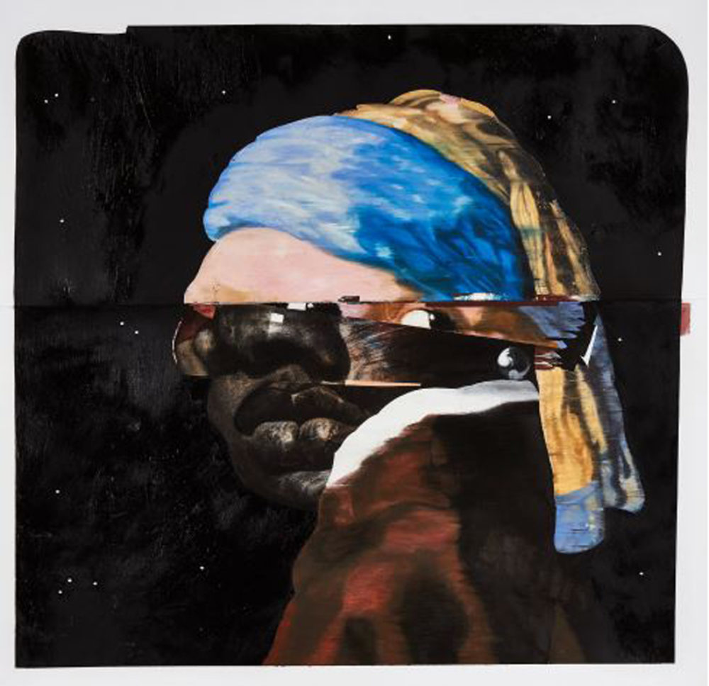 Nathaniel Mary Quinn, Erica with the Pearl Earring, 2015. Black charcoal, gouache, soft pastel, oil pastel, oil paint, paint stick, and silver oil pastel on Coventry vellum paper, 25 ½ × 25 ½ inches. Collection of Rhona Hoffman.