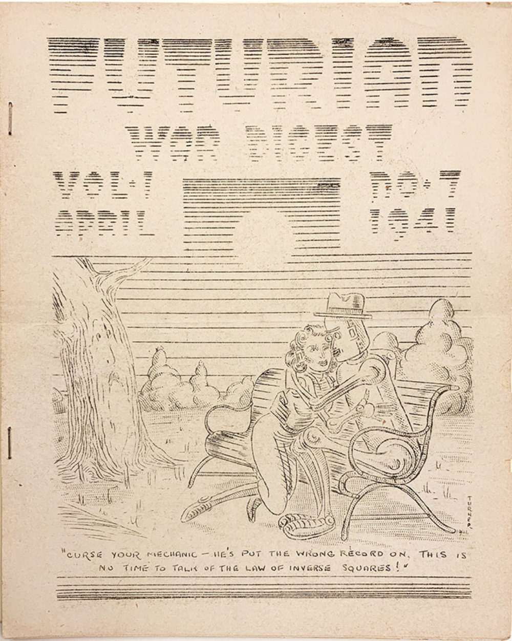 J. Michael Rosenblum, Futurian War Digest Vol. 1 no. 7, 1941. Published by J. Michael Rosenblum. Cover artwork by: Harry Turner. Fanzine with cover reproduction of ink on paper drawing, Albin O. Kuhn Library &amp; Gallery University of Maryland, Baltimore County.