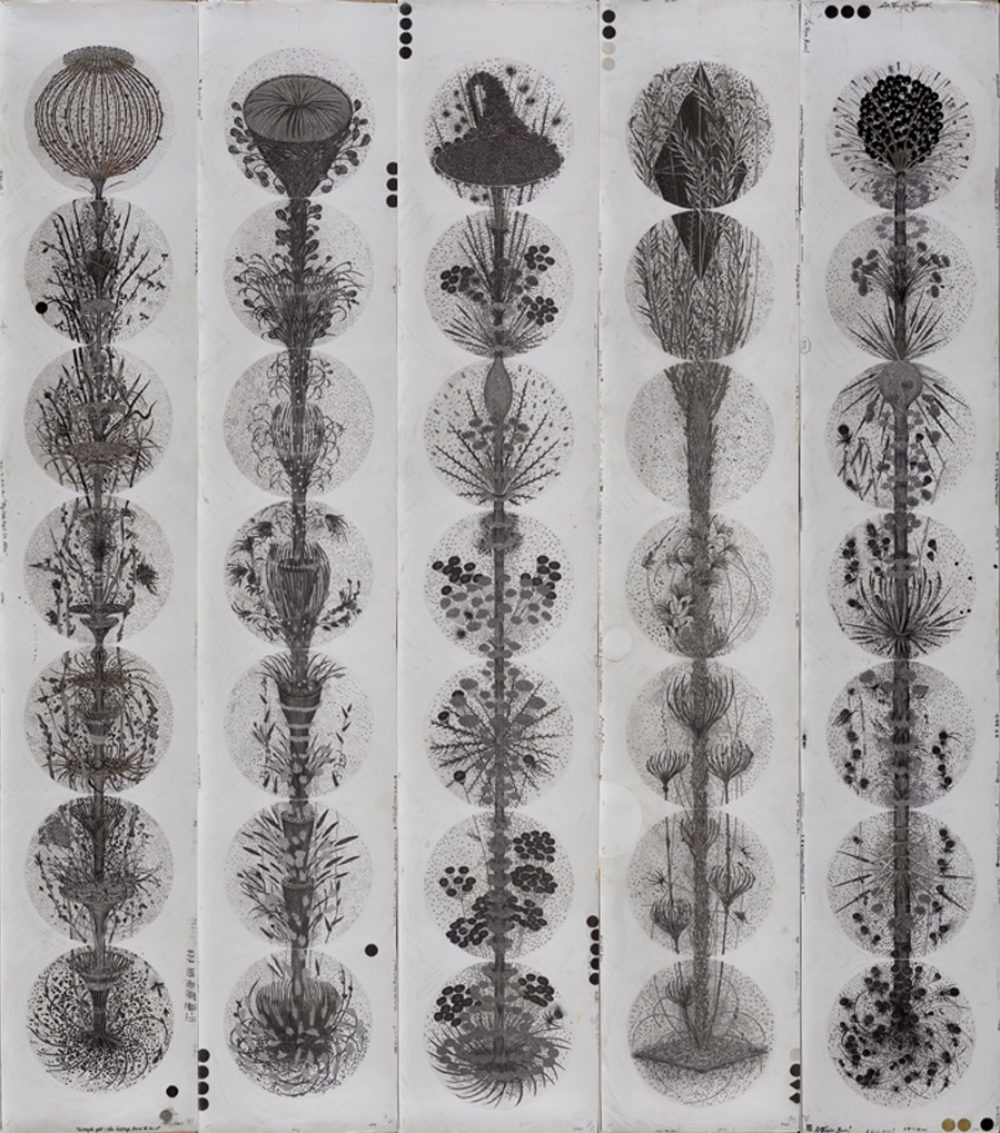 Hipkiss, From left: Bulwark #2, #3, #6, #8, and #9 from The Towers, 2017. Graphite, silver ink, silver tape, and metal leaf on Fabriano 4 paper, 89 × 16 inches, each. Courtesy of the artists.