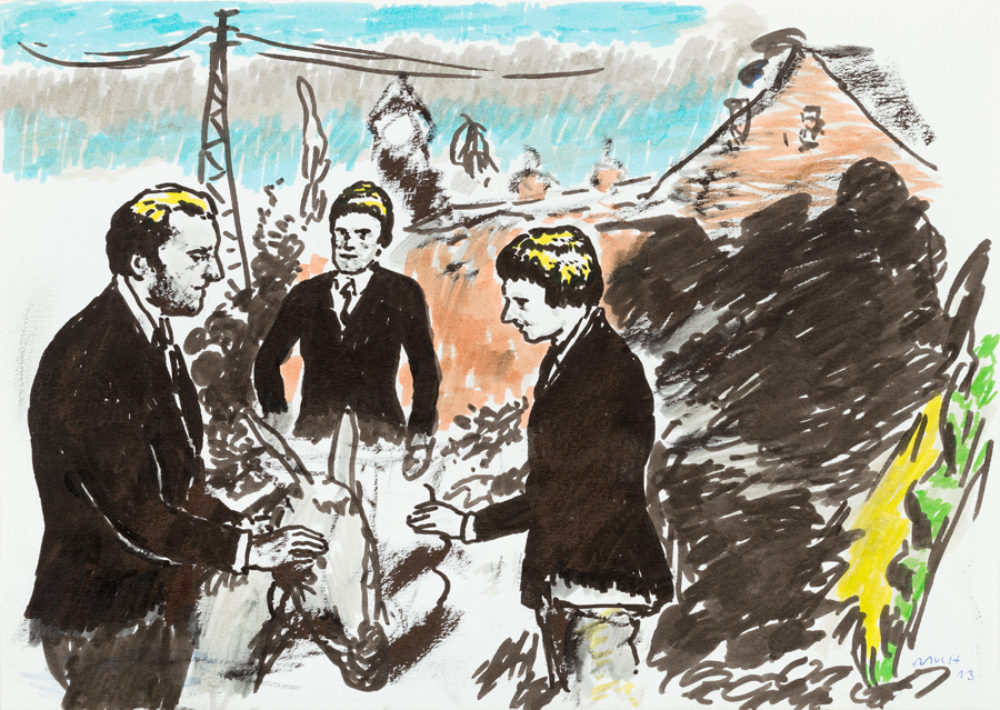 Neo Rauch, Die Eselpfleger, 2013. Felt-tip pen and oil on paper, 8 1/4  11 5/8 inches. Courtesy the artist, Galerie EIGEN + ART Leipzig/Berlin and David Zwirner © Neo Rauch, VG Bild-Kunst, Bonn / Artists Rights Society (ARS), New York.