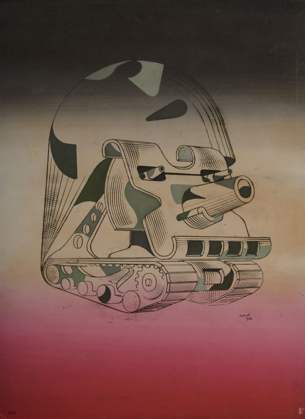 Xanti Schawinsky, The Warrior (Faces of War), 1942, Mixed media, watercolor and black pen on paper 29 × 21 ⅜ inches. Courtesy of The Xanti Schawinsky Estate and BROADWAY 1602.